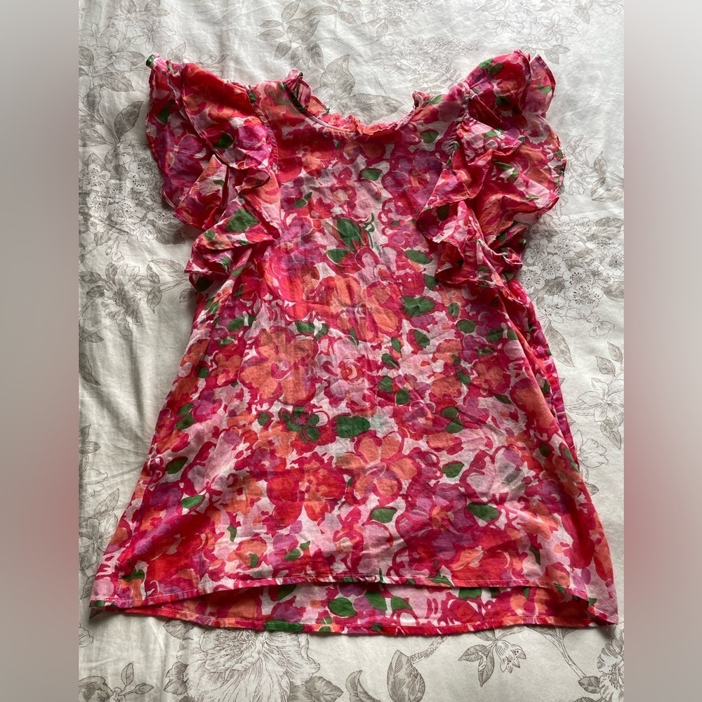 Banjanan Anthropologie Joyful Ruffle Blouse‎ Top Pink Floral Large Boho Cotton